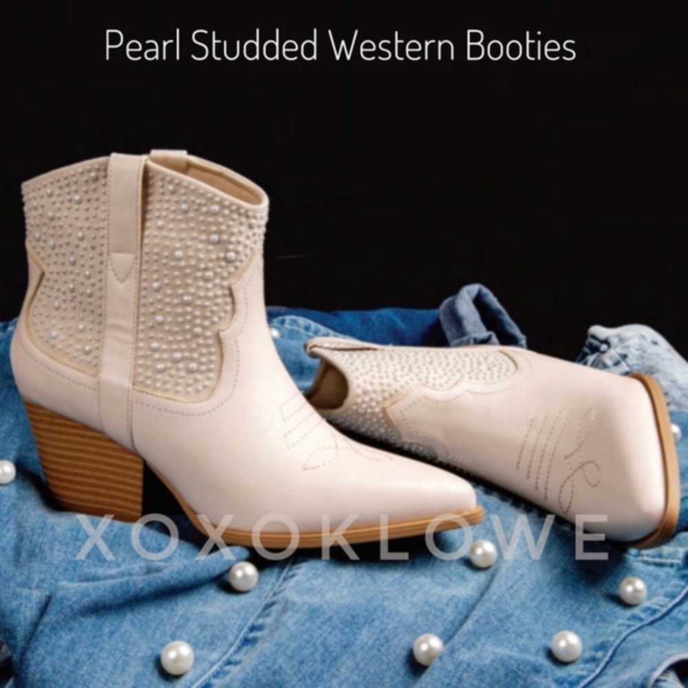 Qupid Cream Pearl Cowboy Boots | Western Glam Ankle Boot | Faux Leather
